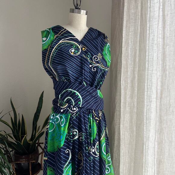 Women’s Medium Maxi Dress Navy Green Batik Print Cotton Wrap Belt Sash Bow Boho - Picture 1 of 4